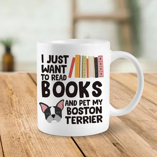 Vista 3 de Taza de café Boston Terrier, I Just Want to Read Books and Pet My Boston Terrier Taza de cerámica de 11 onzas, taza de té para perros, regalos