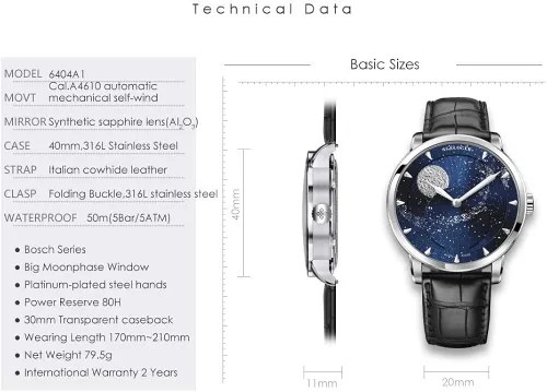 Vista 6 de Agelocer - Reloj de pulsera de lujo para hombre con esfera de diamante y esfera de color azul
