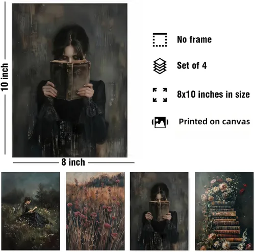 Vista 3 de Unframed Dark Academia Victorian Wall Art Set of 4,Vintage Woman Reading Painting Canvas Prints,Floral Bookshelves,Rustic Field & Antique Book