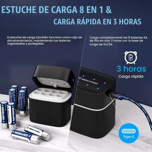 Vista 9 de Maxfree - Paquete de 8 baterías de litio recargables AA con cargador de doble propósito Negro
