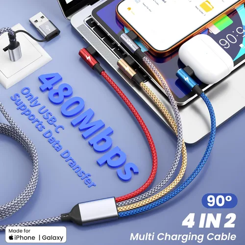 Vista 7 de Cable USB A/C a USB C en ángulo recto, cable de carga trenzado tipo C de 90 grados, cable de carga USB C 4 en 2, cable de carga universal