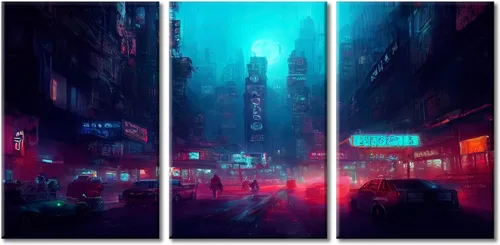 Vista 15 de Cuadros de 3 paneles de Cyberpunk City - Arte de pared de vallas publicitarias de edificios modernos en la capital con obras de arte modernas