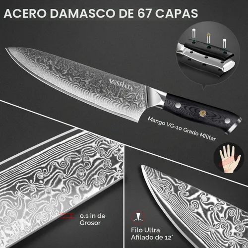 Vista 2 de MOSFiATA Juego de cuchillos de chef profesional de Damasco, 3 piezas, cuchillo de chef de 8 pulgadas, cuchillo Santoku de 7 pulgadas y cuchillo