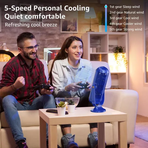 Vista 4 de Ventilador de torre, ventilador de escritorio portátil con opciones de 5 velocidades, doble circulación de aire, ventilador de mesa silencioso