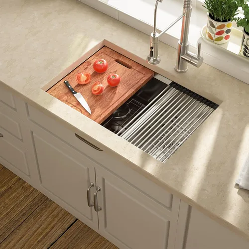 Vista 2 de Lordear Fregadero de cocina de 28 pulgadas de acero inoxidable de calibre 16 con doble plato y estación de trabajo de montaje inferior de 60/40