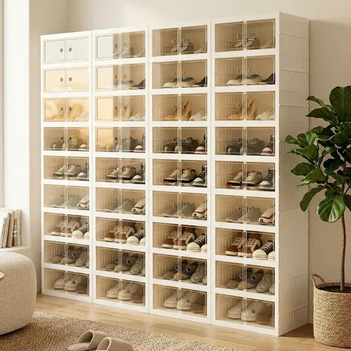 Vista 18 de Organizador de Zapatos Plegable Caja de Almacenamiento, Estante de Zapatos Plegable Portátil Extra Grande para Closet, Caja de Almacenamiento