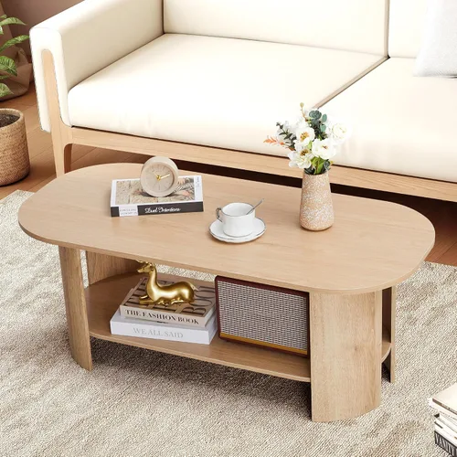 Vista 3 de Mesa auxiliar ovalada para sala de estar, mesas de centro de granja de 43.3 pulgadas con almacenamiento, mesa central de madera de 2 niveles