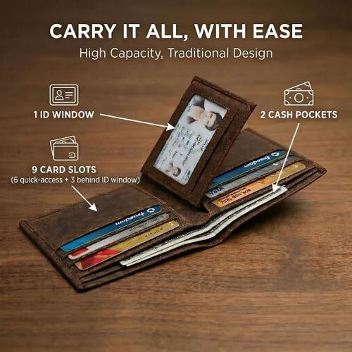 Vista 7 de Billetera plegable de cuero RFID premium para hombre Cuero de grano completo, protección RFID, Marrón (Chestnut Brown), Talla única, Minimalista