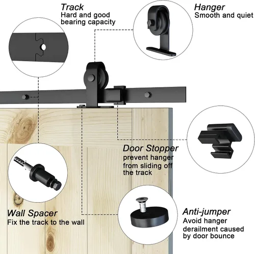 Vista 7 de JUBEST Kit de hardware de puerta de granero montado en la parte superior negra resistente de 6 pies para puerta de vidrio con marco de aluminio