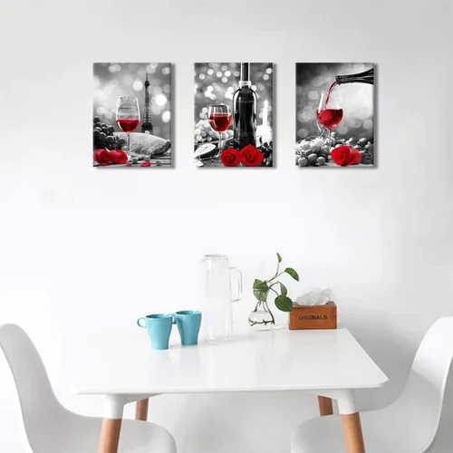 Vista 5 de Decoración de vino para cocina, arte en lienzo con rosas de vino tinto, arte para paredes del hogar, blanco y negro, con pintura de vino tinto, arte