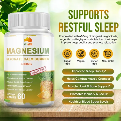 Vista 3 de Vitamuse Gomitas calmantes de glicinato de magnesio 400 mg – Apoyo para dormir, alivio de calambres musculares, memoria y enfoque, azúcar en sangre