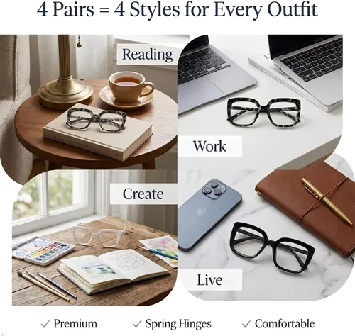 Vista 8 de Eyekepper Gafas de lectura para mujer, paquete de 4 lentes de lectura de marco grande, de gran tamaño Large Womens Eyewear, Square Ladies