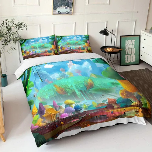Vista 9 de Juego de funda de edredón psicodélico de fantasía con diseño de hongos psicodélicos, galaxia, verde cielo, morado, diseño de hongos estrellados, #1