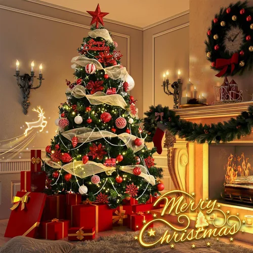 Vista 2 de Ktinnead Juego de 94 piezas de decoración para árbol de Navidad, adornos rojos inastillables para colgar en el árbol de Navidad con flores de pascua