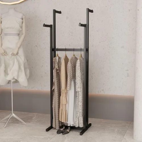 Vista 7 de Percheros de Ropa Negros con 4 Brazos Rectos, Perchero de Metal para Colgar Ropa, Perchero Independiente Heavy Duty, 46" a 63" de Altura Ajustable