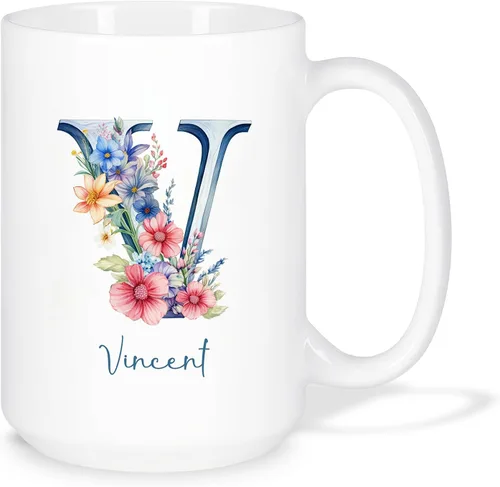 Vista 29 de Taza de café personalizada de la letra A del alfabeto, Taza de café blanca con nombre personalizado único, Taza inicial de monograma floral