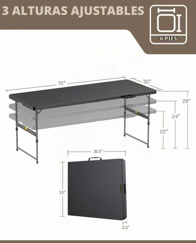 Vista 2 de FanttikOutdoor Mesa plegable de plástico de 6 pies de ajuste rápido para Negro