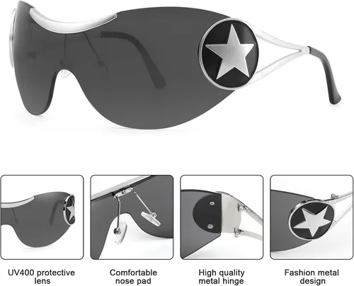 Vista 3 de Karsaer Gafas de sol Y2K sin montura envolventes para mujeres y hombres, gafas de sol con parte superior plana, gafas de sol futuristas sin marco