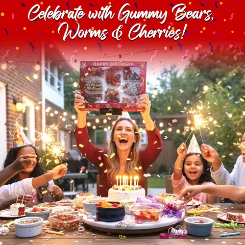 Vista 4 de Bandeja de dulces de oso de gomita de feliz cumpleaños, 1.75 libras. - Tabla de caramelos de gomitas con osos de goma, gusanos, cerezas y gomitas