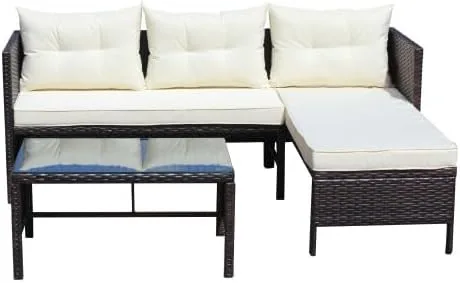 Vista 6 de Sofá al aire libre, juego de muebles de mimbre de ratán de 3 piezas con cojines beige, muebles de porche duraderos para balcón