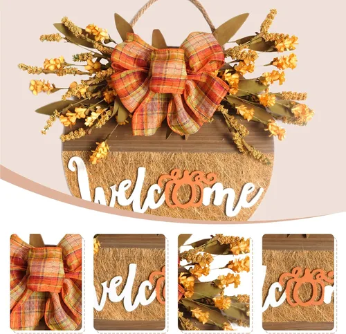 Vista 2 de Letrero de bienvenida para decoración de puerta delantera, coronas de otoño, decoraciones de otoño para el hogar, corona de granja para puerta