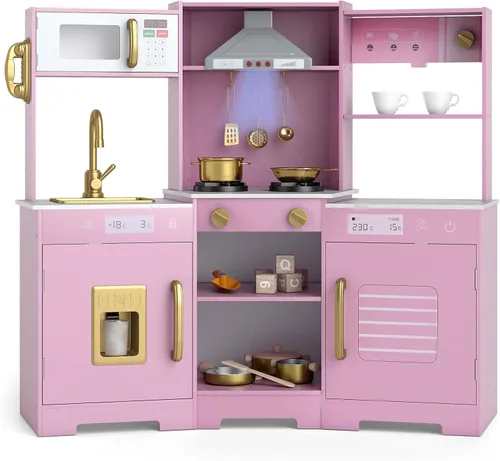 Vista 10 de Costzon Juego de cocina esquinera para niños, juego de cocina de juguete de madera con campana extractora de luces y sonidos, máquina de hielo