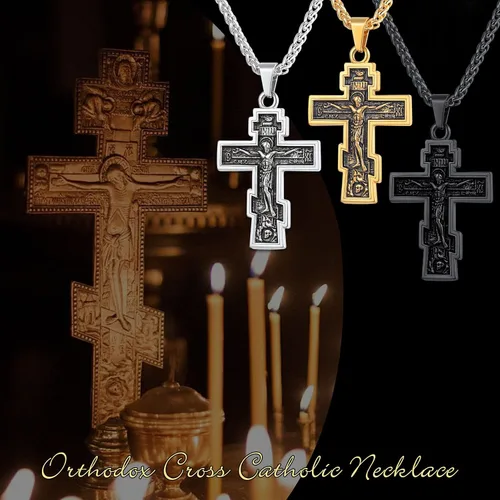 Vista 8 de U7 Colgante de cruz ortodoxa rusamanos rezandosigno de Ichthys para hombres y mujeres, acero inoxidable chapado en oro de 18 quilates, collar
