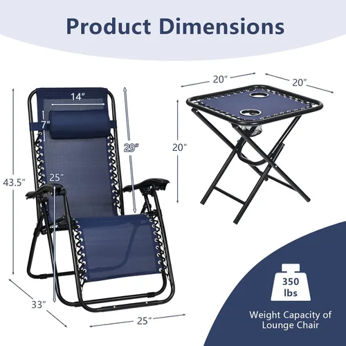 Vista 9 de HAPPYGRILL Juego de sillas de salón Zero Gravity con mesa auxiliar, sillas reclinables plegables con mesa auxiliar y almohada, juego de 3 piezas