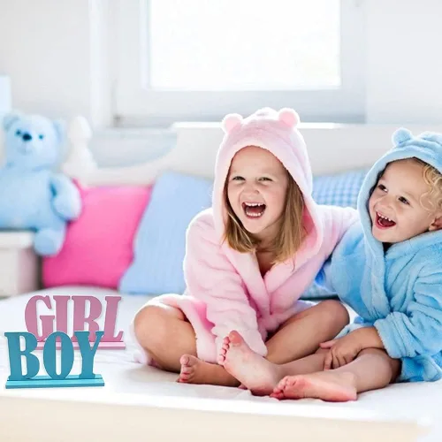 Vista 3 de Decoraciones de mesa de madera para niños y niñas, decoración de mesa de revelación de género, letreros de mesa con bases para centros de mesa