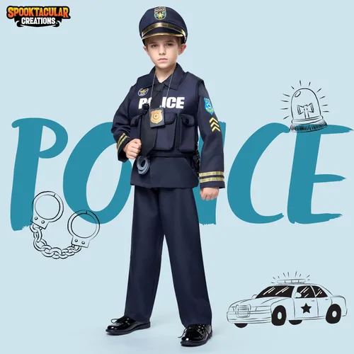 Vista 2 de Spooktacular Creations Disfraz de policía para niños (niños) en estilo oscuro prémium para eventos temáticos de policía, fiestas y más