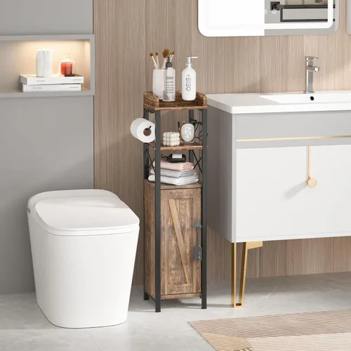 Vista 5 de VECELO Armario de baño pequeño, soporte delgado de papel higiénico con puerta y 2 estantes, organizador de almacenamiento estrecho mejorado