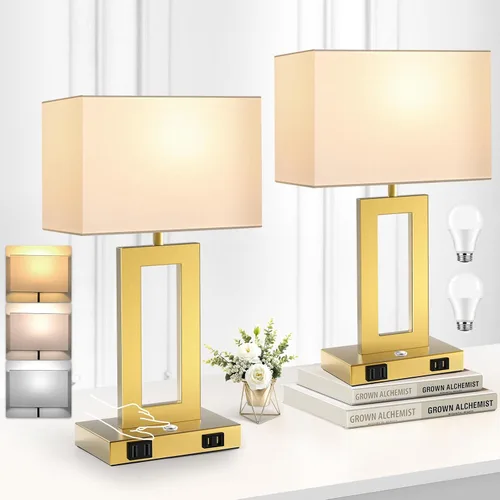Vista 15 de Kondras Juego de 2 lámparas de mesa para dormitorios, 3 temperaturas de color, control táctil, lámparas de noche con 2 puertos USB y salida de CA