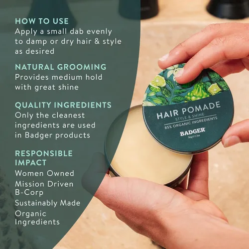 Vista 5 de Badger - Pomada para el cabello para hombres, certificada orgánica, pomada de agarre medio con gran brillo, aceites esenciales, pomada