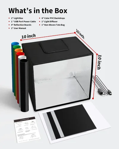 Vista 9 de Caja de luz Glendan para fotografía, caja de fotos de 10"x10" con 88 luces LED de alto índice de reproducción cromática, 6 fondos de PVC