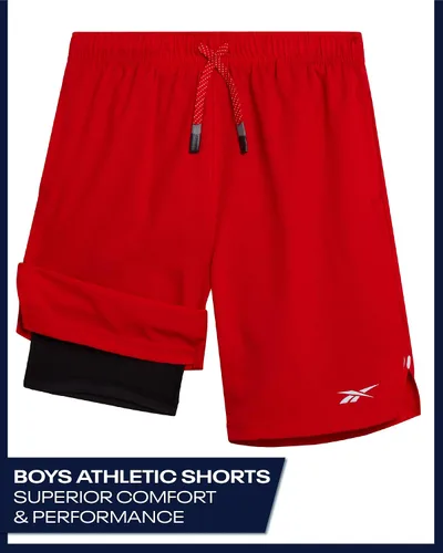 Vista 2 de Reebok Pantalones cortos de baloncesto 2 en 1 con forro de compresión y bolsillos, pantalones cortos deportivos para niños para gimnasio y correr