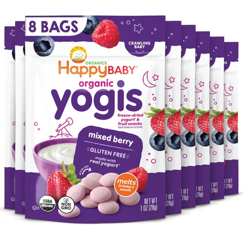 Vista 15 de Happy Baby Organics Yogis Snacks liofilizados de yogur y frutas, plátano y mango, bolsa de 1 onza (paquete de 8) el embalaje puede variar