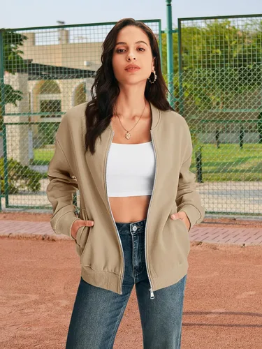Vista 4 de MEROKEETY Sudaderas de manga larga con cremallera para mujer, chaquetas casuales sueltas con bolsillos