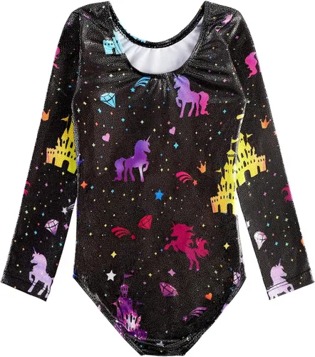 Vista 46 de HOZIY - Leotardos de manga larga para niñas, de gimnasia, para niños pequeños, trajes florales de unicornio, galaxia, arco iris, patrón de rayas