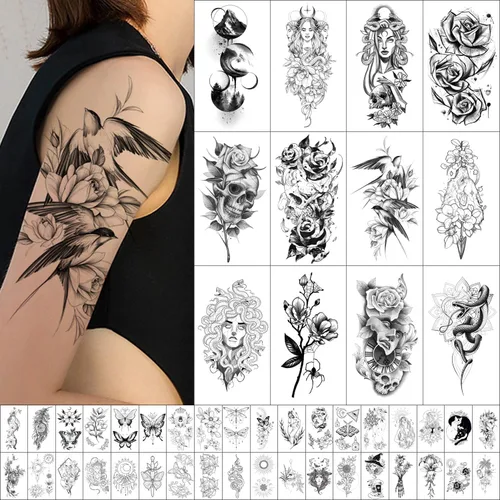 Vista 10 de GLARYYEARS Tatuaje temporal para hombres, paquete de 48 12 tatuajes falsos grandes, 36 pequeños tatuajes falsos, calcomanías realistas de larga