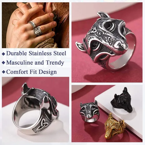Vista 2 de FaithHeart Norse Viking Jewelry - Anillo de acero inoxidable de guerrero para hombre con diseño vikingo de cabeza de lobomartillo de Thor