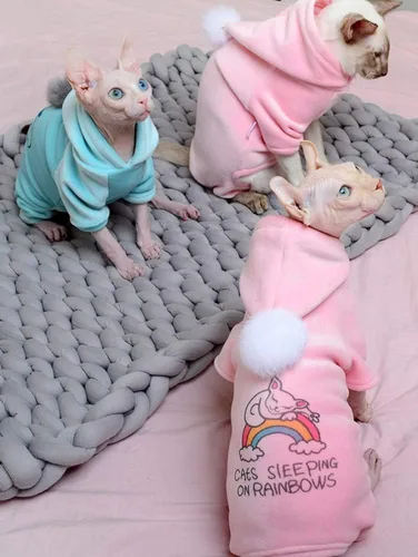 Vista 8 de Ropa para gatos sin pelo, camisa con capucha de algodón, transpirable, otoño e invierno, ropa cálida para gato, suéter chaleco para Sphynx, Cornish