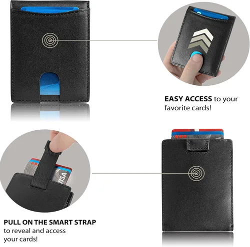 Vista 4 de Billeteras de piel de vaca genuina con bloqueo RFID y bolsillo frontal minimalista para hombres con clip para dinero Negro Cartera delgada Rfid