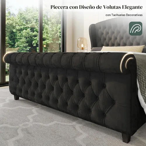 Vista 4 de LUXOAK Estructura de cama tapizada tamaño Queen con cabecera capitoné Negro