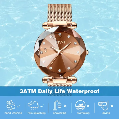 Vista 5 de CIVO Reloj para mujer, resistente al agua, analógico, de cuarzo, correa de malla de oro rosa, elegante, de diseñador, relojes de pulsera para mujer