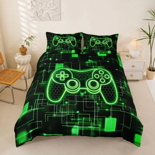Vista 48 de Juego de funda de edredón con diseño de videojuegos para niños, tamaño individual, negro y azul a cuadros, juego de ropa de cama moderna