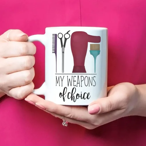 Vista 4 de Fonhark - Taza divertida - My Weapons of Choice (Hairdresser) - Para peluquería estilista peluqueros tazas peine secador cepillo tijeras, taza