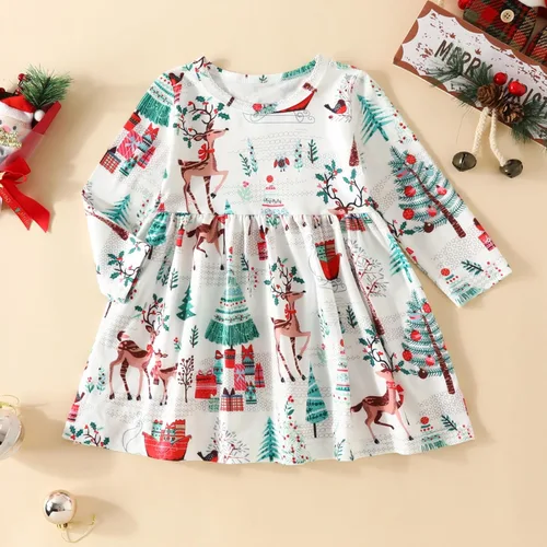 Vista 6 de Vestido de Navidad para bebés, niñas pequeñas, manga larga, estampado de ciervos y dibujos animados