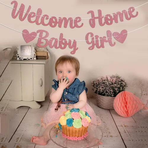 Vista 6 de Cartel de bienvenida a casa para bebé, decoración rosa para baby shower, revelación de género, decoración interior y exterior, purpurina dorada rosa