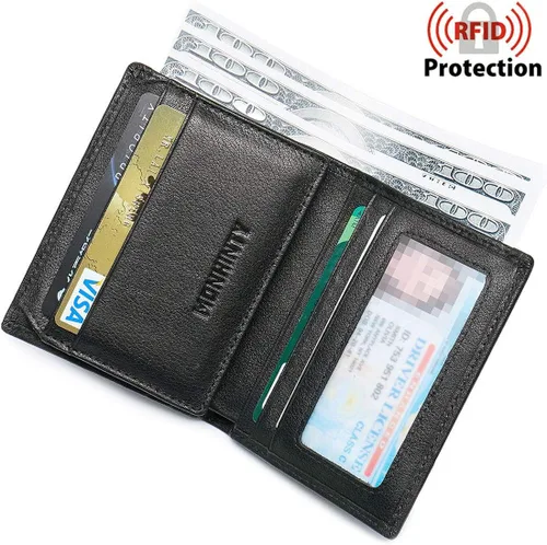 Vista 2 de Billetera para hombre con 2 ventanas de identificación RFID de piel suave con bolsillo frontal pequeño