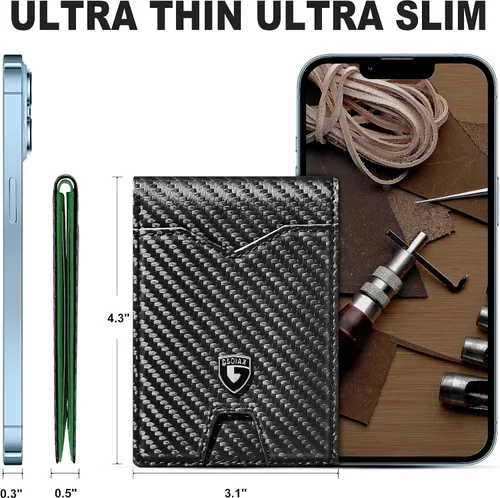 Vista 5 de GSOIAX Billetera delgada para hombre minimalista de cuero genuino fibra de carbono con bloqueo RFID de cuero vacuno plegable con caja de regalo